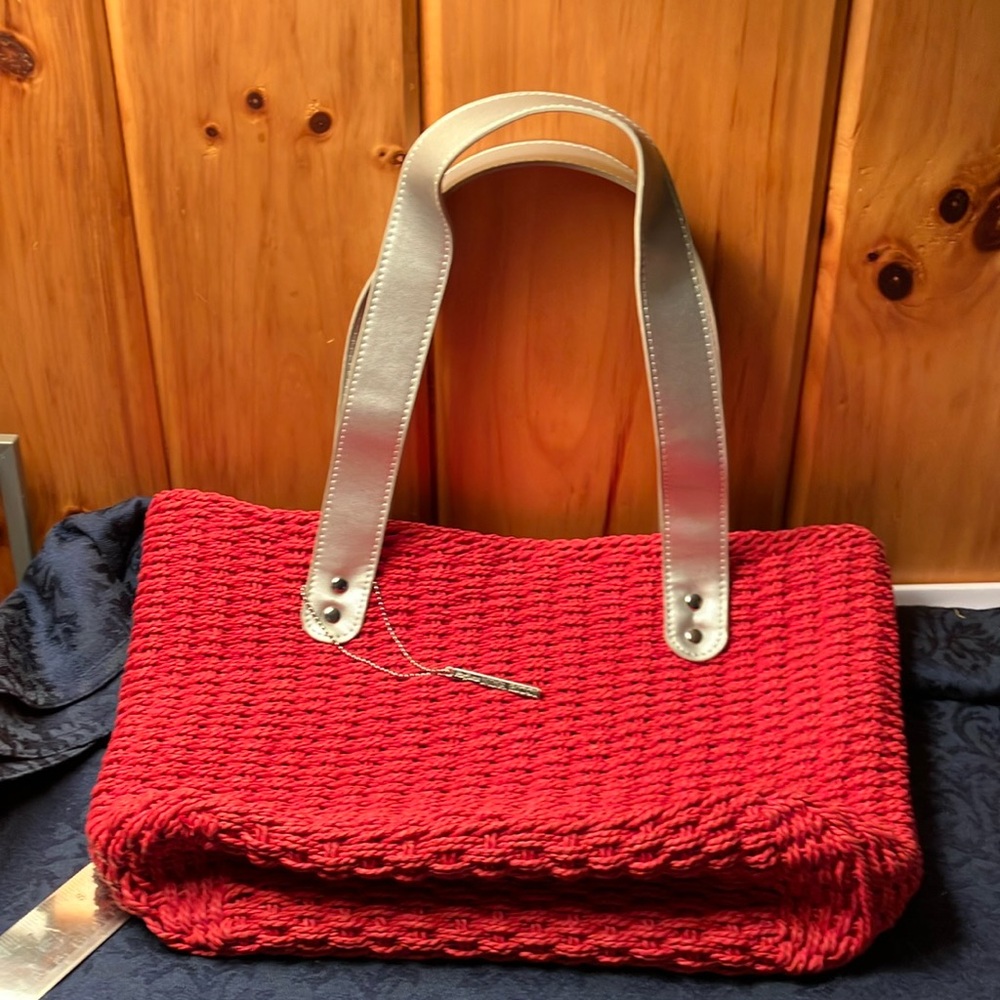 Red Knit Tote Bag with Silver Handles